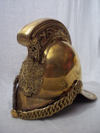 British fire helmet Merry- Weather. used condition. Egelse brandweerhelm typisch model, in gedragen staat.