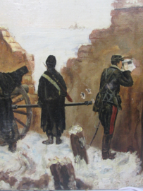 Painting from a war-painter. in an attick found condition. E. Gebrats. Schilderij oorlogs situatie gemaakt door een oorlogsschilder. zeer slechte staat, maar wel bijzonder Oorlogsschilders vind je niet veel werk van.