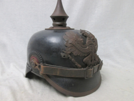 German spike helmet Attick-found in belgium ( Roeselare). Duitse pickelhaube was vanaf WO1 in het bezit van een Belgische familie in Roeselare. mist 1 cocarde en heeft wat vlugroest Bekleidungs ambt 18e Legerkorps.