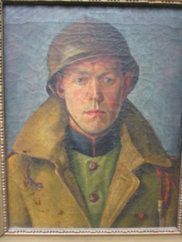 Painting of a Belgium soldier with helmet and overcoat WW1. Schilderij van Belgische soldaat met helm en overjas en Leopold Orde koord. gerestaureerd, niet gesigneerd, maar de compositie is voortreffelijk. afm. 57 bij 45 cm.