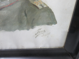 Painting of a german NCO soldier. signed FLECK.  juli  1917. Schilderij ingelijst achter glas Duitse onder- officier, zie gefreiter knöpfen op de kraag en Ijzeren kruis 2r klas lint. zeer net schilderij gesigneerd. nooit uit lijst geweest. 40 x 45 cm.