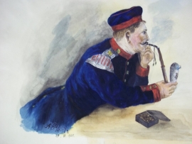 Original water-coloured painting, German soldier with pipe. Originele aquarel Duitse muzikant met Kratschen, zeer leuke voorstelling gesigneerd A.Pfeifer 1901