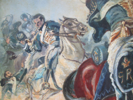 Painting charge of the British Cavalery, nicely painted and signed on hardboard. Schilderij Britse cavalerie in de aanval mooi schilderij op hardboard, gesigneerd met datum 1914.