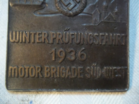 German NSKK plaque. Duitse herinnerings plaquette, NSKK Kraftfahrt Korps Winterprufungsfahrt 1936 - Motorbrigade Sud- West.