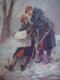 Painting, French officers 1915 Schilderij van Franse officieren die de map bestuderen, tafereel rond 1915 mooi ingelijst  31 - 41 cm ingelijst 45 - 55 cm, zeer decoratief schilder is A.BALQUET.