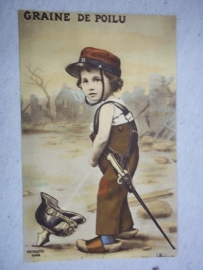 French postcard, child with French kepie pies in Pickelhaube. Postkaart komisch Jongen plast in Pinhelm