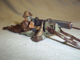 Toy soldier, made by Lineol Germany Belgium with gasmask behind Machine gun.Speelgoed soldaatje Belg met gasmasker achter MG goede staat