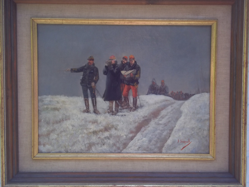 Painting French officers in discussion.  signed  A. BALQUET. Schilderij Franse soldaten, officieren, 1915 in het midden een Franse generaal. TOP schilderij. ingelijst. schilderij is 31 -41 cm, in lijst 45 - 55 cm.