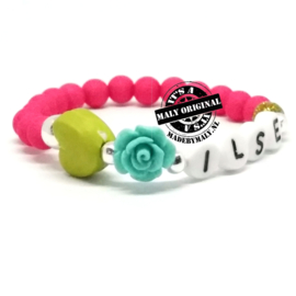 Naamarmband met bloem en hart, telefoonnummer armband en uni armband. Kies zelf je kleuren