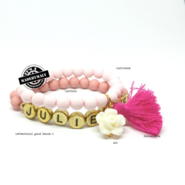 Kinderarmband, naamarmband en armband met bloem en kwastje  (2 armbanden)  Kies zelf je kleuren