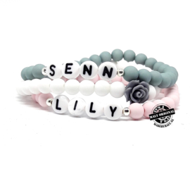 Telefoonnummer armband,  naam armband  en bloem armband (3 armbanden)  Kies zelf je kleuren
