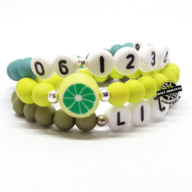 Naamarmband,  telefoonnummer armband en fruit armbandenset  (3 armbanden)  Kies zelf je kleuren