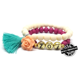Kinderarmband, naamarmband en armband met bloem en kwastje  (2 armbanden)  Kies zelf je kleuren