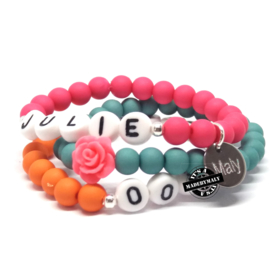 Telefoonnummer armband,  naam armband  en bloem armband (3 armbanden)  Kies zelf je kleuren