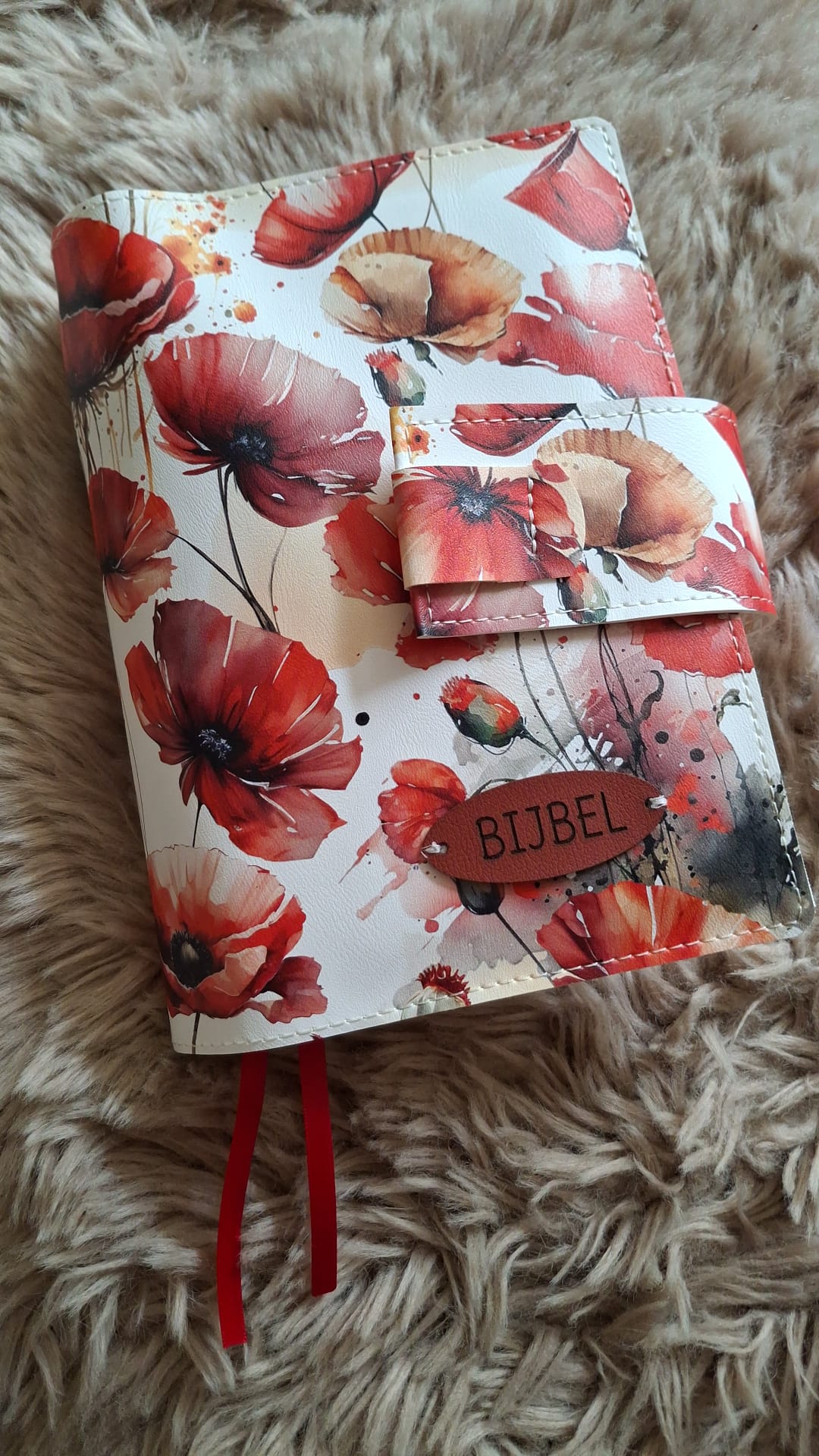 BMU 20,8: Bijbelhoes Kunstleer bloemen klaprozen geschilderd