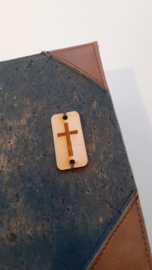 Bijbelhoes kurk Jeans Blauw  met schuine hoeken van cognac kunstleer