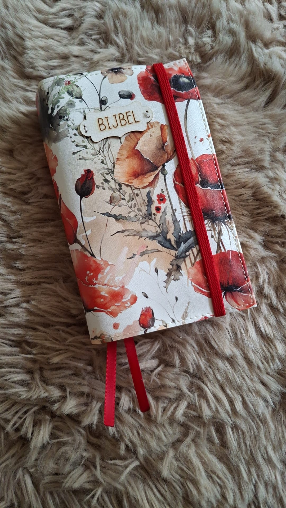 Bijbelhoes Kunstleer bloemen klaprozen geschilderd voor de JB Schoolbijbel