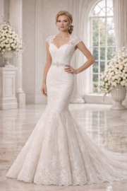 Zeemeermin trouwjurk ivoor kant V-hals maat 34 36 38