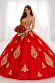 Rode prinsessenjurk met gouden applicaties | tule | vetersluiting | maat 38-42