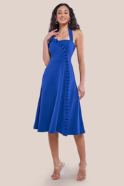 Blauwe cocktailjurk halter maat 34 36