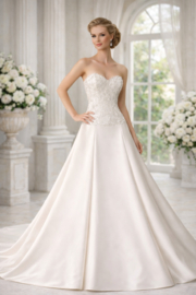 A-lijn trouwjurk beige strapless taffeta maat 34 36 38