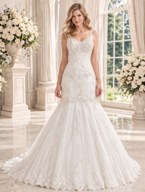 A-lijn trouwjurk wit tule zilveren details maat 38 40