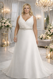 Plus size trouwjurk ivoor chiffon A-lijn maat 52 54 56