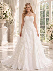 A-lijn trouwjurk beige strapless kant ruches maat 34 36 38