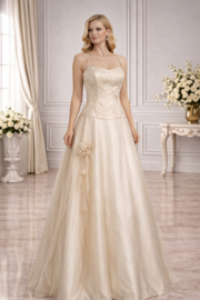 trouwjurk beige organza met kant maat 34-38