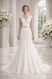 Zeemeermin trouwjurk wit kant V-hals maat 34 36 38