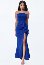 Blauwe Strapless Galajurk met Split Satijn – Maat 38 40 42