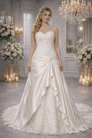 Luxe kanten trouwjurk ivoor met satijnen overskirt maat 34-38