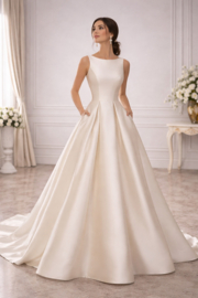 Crème trouwjurk bruidssatijn met volle rok maat 34-38