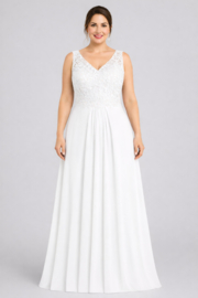 Luxe trouwjurk chiffon ivoor maat 40-42 met kant | Tweede huwelijk