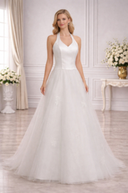 Tule trouwjurk ivoor met satijnen top en halter halslijn maat 34-38