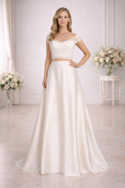 tweedelige trouwjurk ivoor satijn met kanten top maat 34-38