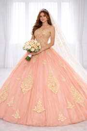 Zalmkleurige prinsessenjurk met gouden applicaties | tule | maat 36-40