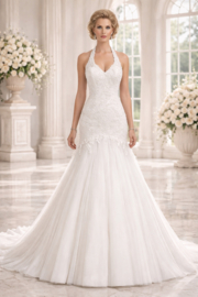 Fit & flare trouwjurk ivoor halter kant maat 34 36 38