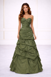 kaki groene strapless galajurk met steentjes maat 32 34