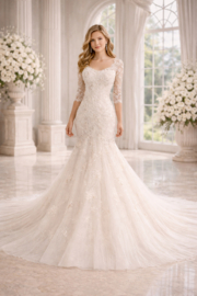 Trouwjurk met lange sleep 5 meter maat 34 36 38