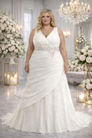 Plus size trouwjurk ivoor taffeta A-lijn maat 48 50