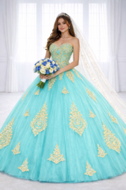 Turquoise prinsessenjurk met gouden applicaties | gekleurde trouwjurk | maat 38-42