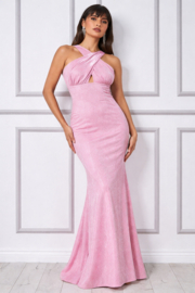 Roze Glitter Galajurk met Halter en Open Rug – Maat 36 38