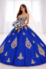 Royalblauwe prinsessenjurk met gouden applicaties | baljurk | maat 34-38