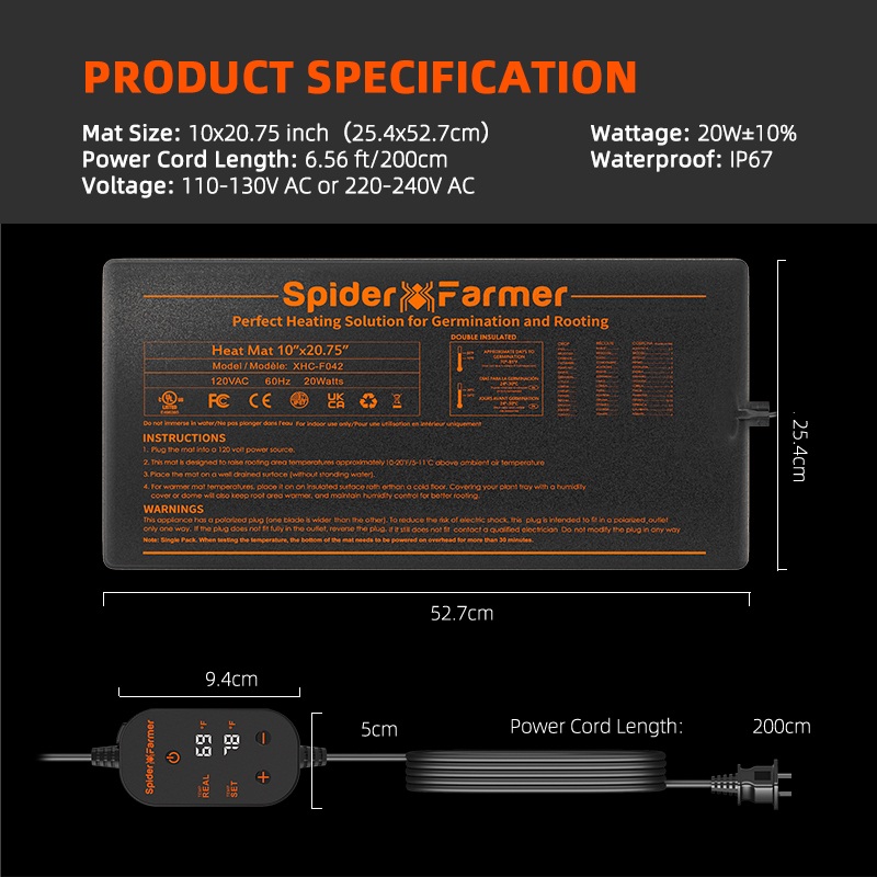 Spider Farmer warmte mat + temp control 52 x 25cm