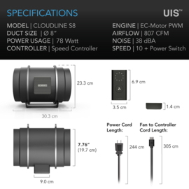 AC Infinity CLOUDLINE PRO S8 - 20cm Inline Fan + Speed Controller