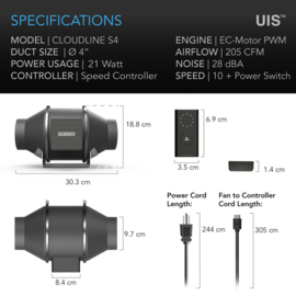 AC Infinity CLOUDLINE PRO S4 – 10cm Inline Fan + Speed Controller
