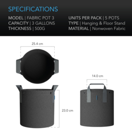AC Infinity Heavy Duty Fabric Pot 11 Liter - 5 Pack