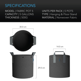 AC Infinity Heavy Duty Fabric Pot 19 Liter - 5 Pack