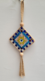 Raam-wanddecoratie mozaïek aan touw 10 cm geel/turquoise